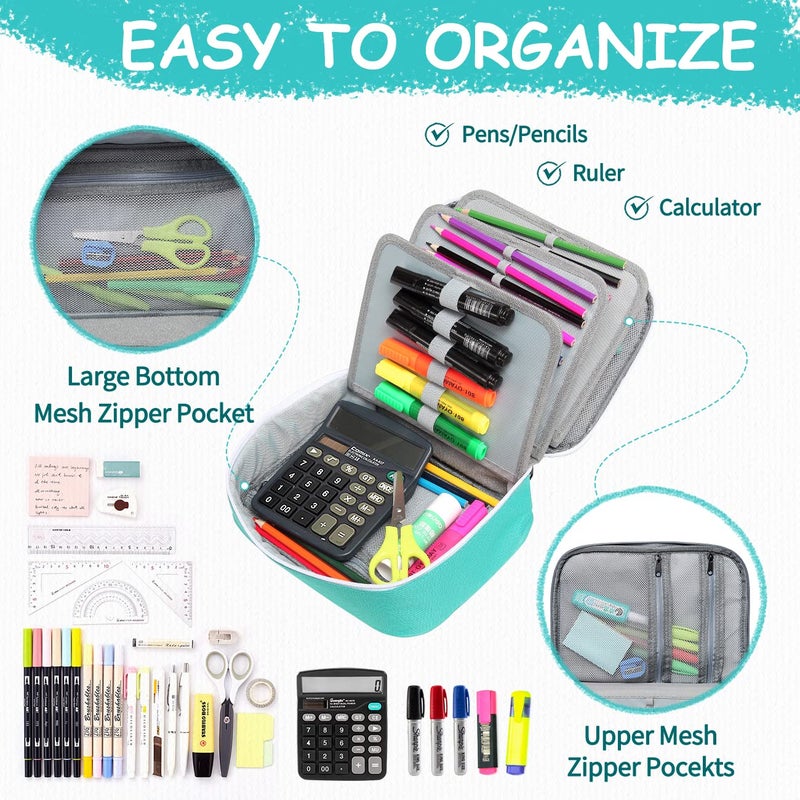 VASCHY Large Pencil Case, Art Color Pencils Pouch with Detachable Layers Multiple Zip Pockets for School Office Stationary Organization Turq - Image 4